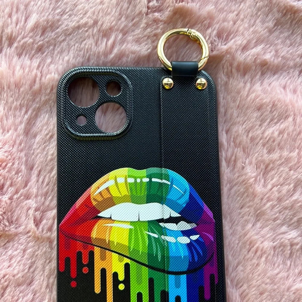 For iPhone 14 plus,14 pro max phone case with wrist strap kickstand keychain